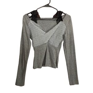 Womens Heather Grey Crossover Cable Knit Top Lace Velvet Bows NWT Whimsygoth